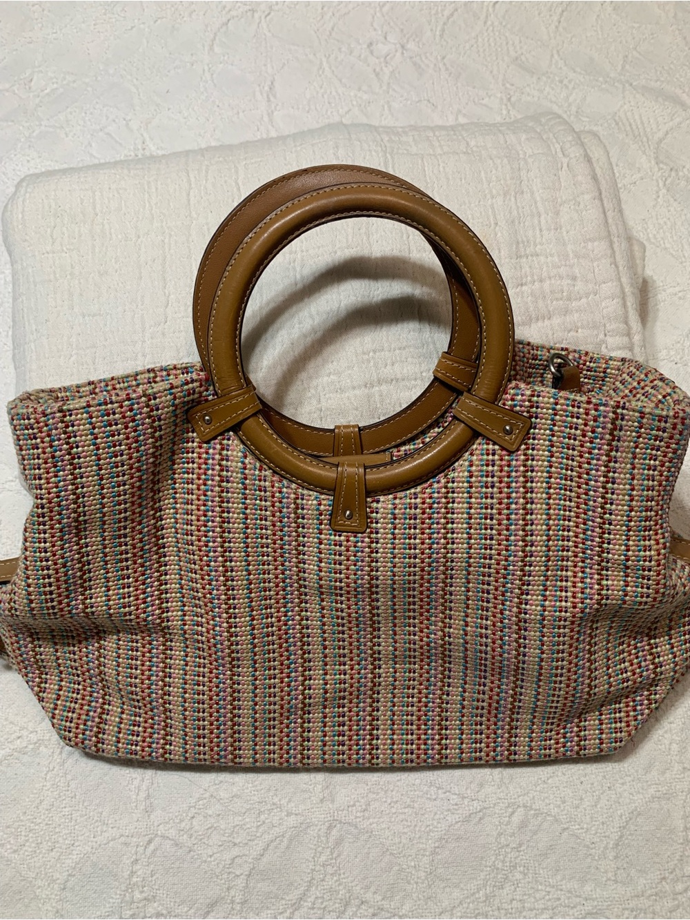 ‘Fossil ‘Multicolor Woven Tote with Tan Round Leather Handles